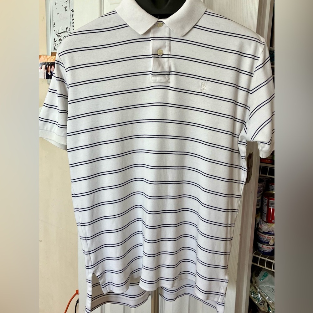 Vintage M Medium Ralph Lauren White Polo Shirt Blue Stripes Pony Preppy Classic